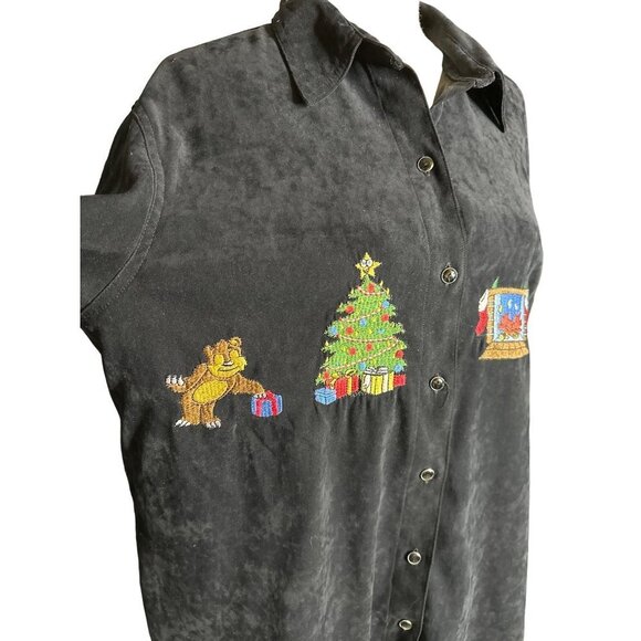 Bill Blass Christmas Shirt Button Up Santa Black Velveteen Fireplace Patches 1X - Picture 2 of 7